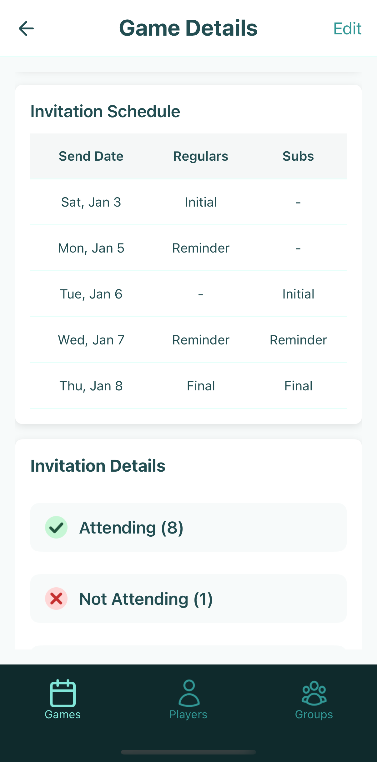 Mustr app showing game details with invitation schedule and attendance tracking