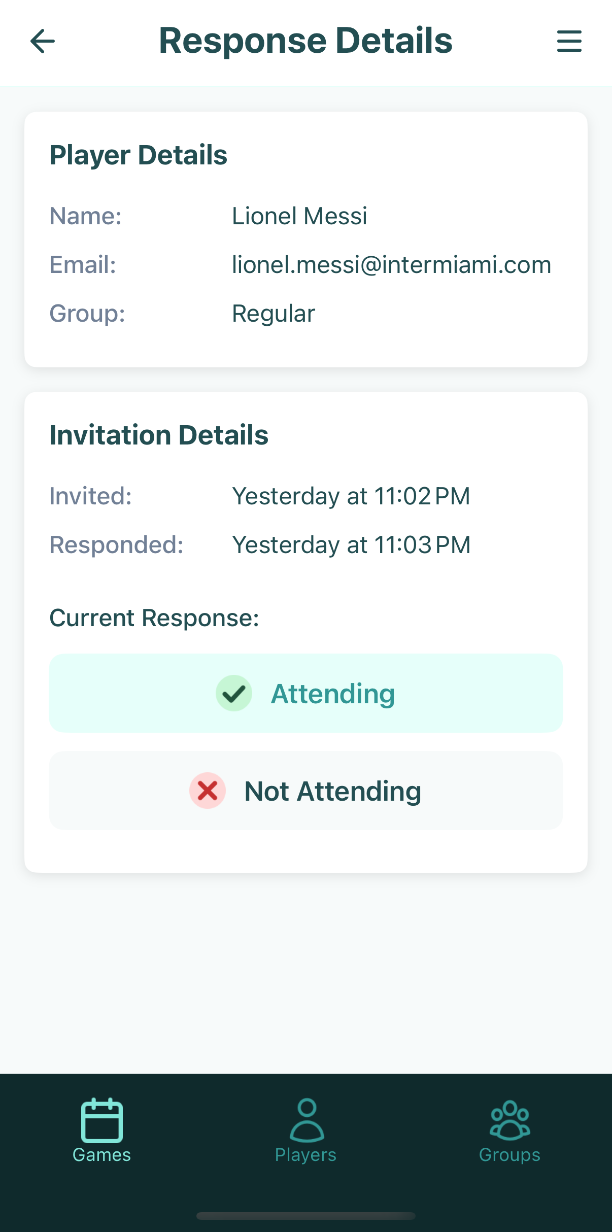 Mustr app showing RSVP management with player details and response options