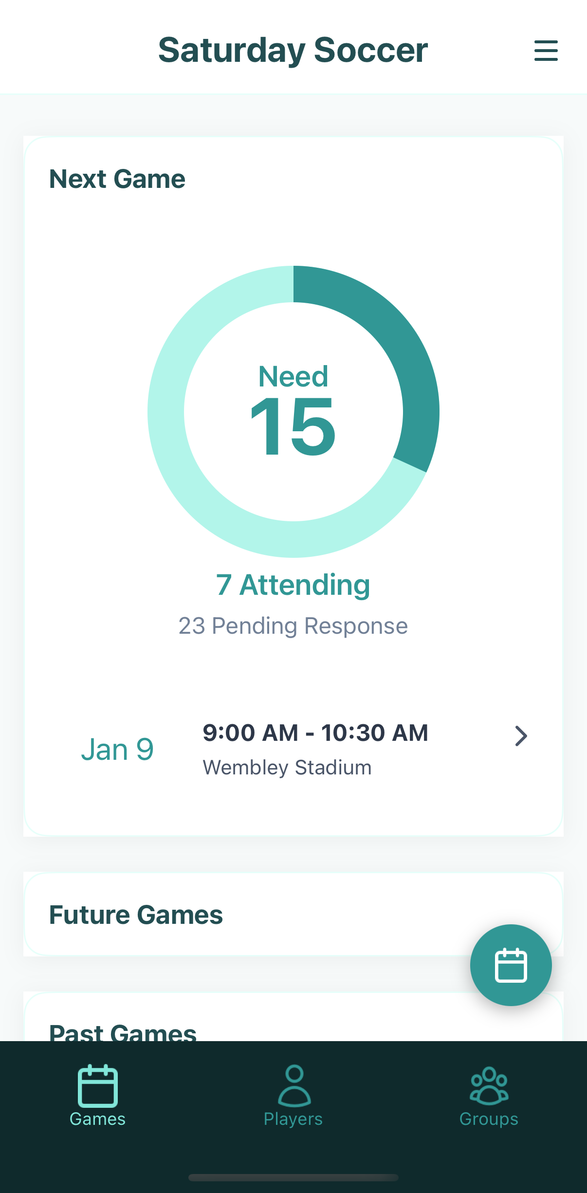 Mustr app showing game organization dashboard with attendance tracking